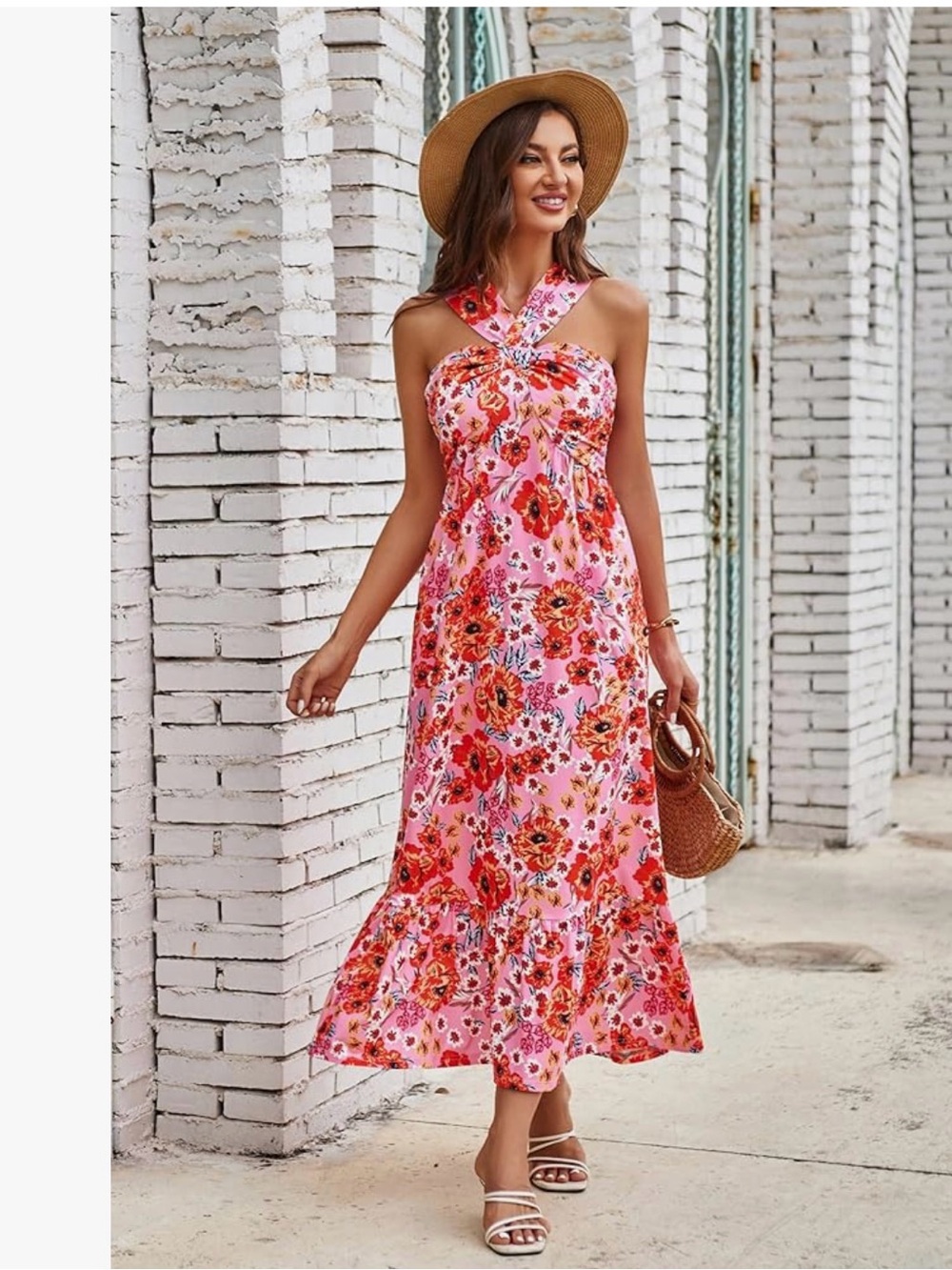 Grace Karin Pink Floral Maxi Dress with Halter Twist Neckline